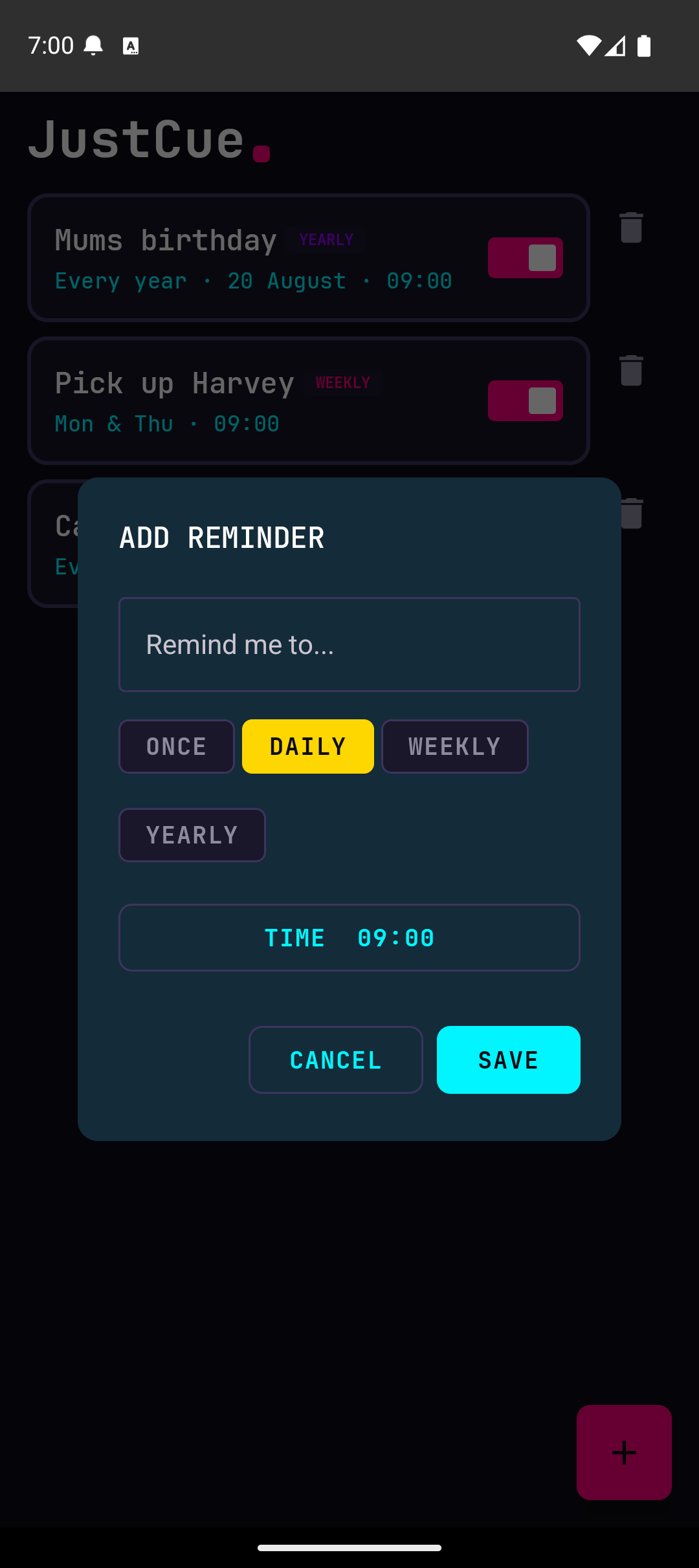 Add reminder dialog with schedule type chips